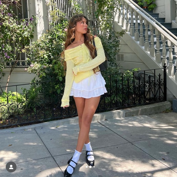 Urban Outfitters Kimchi Blue Yellow Fiona Off the Shoulder Sweater with Bow - Picture 3 of 14